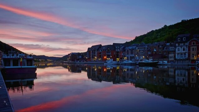 View of picturesque Dinant city over the Meuse river Dinant is a Walloon city and municipality located on the River Meuse, in the Belgian province of Namur on sunset