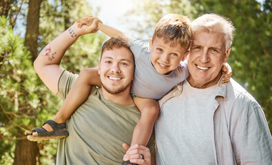 Fototapeta premium Boys trip. Cropped portrait of a handsome young man camping in the woods with his father and son.