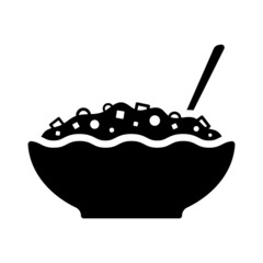 Salad bowl icon. Dishes with food. Black silhouette. Front side view. Vector simple flat graphic illustration. Isolated object on a white background. Isolate.