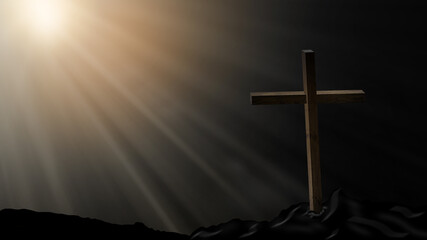 Naklejka premium Jesus Christ cross. Easter, resurrection concept. Christian wooden cross on a background with dramatic lighting, colorful mountain sunset, dark clouds and sky, sunbeams.