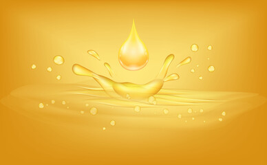 Gloden Oil splash. Organic Oil drop Yellow liquid droplet. Olive or engine oil splash. Fish oil Vitamin droplet