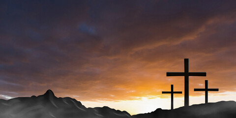 Crucifixion Of Jesus Christ., Three cross silhouette on the mountain at sunset