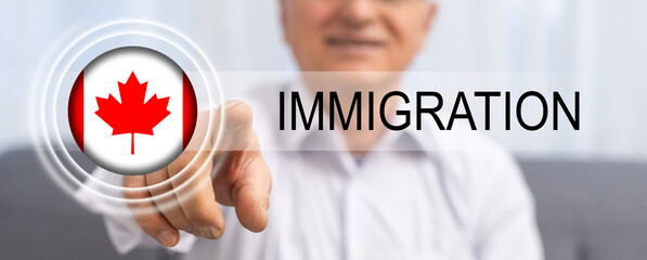 man with Canadian flag and word IMMIGRATION. virtual button