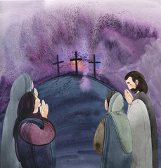 watercolor illustration of Golgotha and myrrh-bearing women. Good Friday. Religious Watercolor painted Christian background - obrazy, fototapety, plakaty