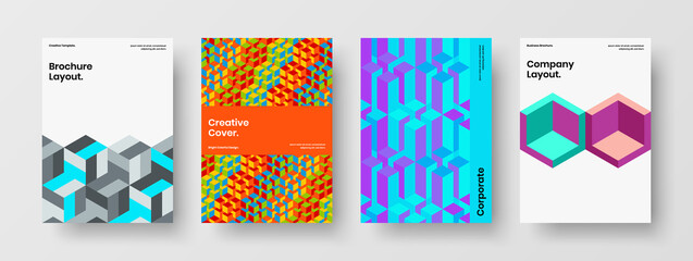 Trendy journal cover A4 vector design illustration set. Amazing mosaic shapes corporate brochure concept composition.