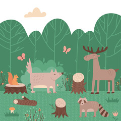 Wild Animals on green summer forest background. Cute happy moose, wolf, raccoon and squirrel living on glade with big trees. Flat hand drawn vector illustration