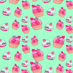 Cute seamless pattern on blue background with cake and delicious ice cream. Handmade cakes and delicious ice cream. Texture for scrapbooking, wrapping paper, invitations. Vector illustration.