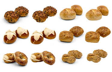 verschiedene Brötchen auch isoliert, Joggingbrötchen, Brezelbrötchen, Brezelbrötchen, Urkorn, Urkurstie, Urdinkel, Kürbisbrötchen, Haferflockenbrötchen