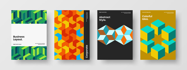 Abstract company brochure design vector illustration composition. Simple geometric hexagons catalog cover concept set.