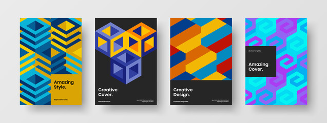 Vivid geometric pattern brochure concept bundle. Modern journal cover A4 vector design layout composition.