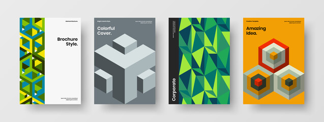 Original mosaic hexagons corporate brochure layout collection. Multicolored catalog cover vector design concept bundle.