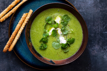Green peas, watercress and leek soup