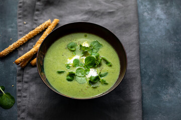 Green peas, watercress and leek soup