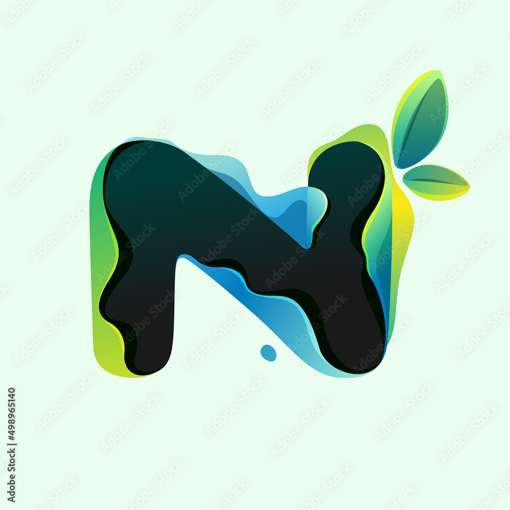 Wall mural n letter eco logo with green leaves in hologram glitch style.