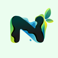 N letter eco logo with green leaves in hologram glitch style.