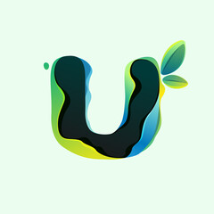 U letter eco logo with green leaves in hologram glitch style.