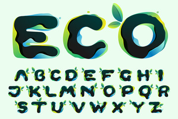 Ecology alphabet with green leaves in hologram glitch style.