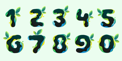 Numbers set eco icons with green leaves in hologram glitch style.