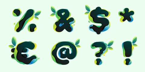 Dollar, euro, ampersand, mail, percent, and asterisk symbols in ecology style with green leaves.