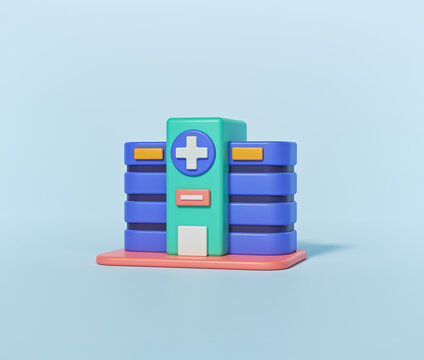 3D Hospital Building Isolated On Pastel Blue Background. Health Care Icon. 3d Rendering