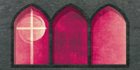 swirl cross art beyond three arches with shadows