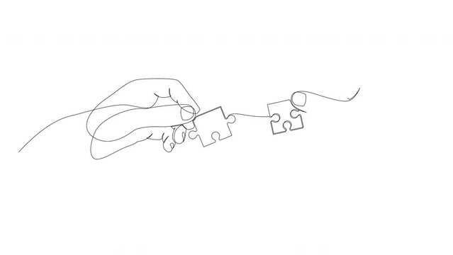 Self drawing line animation of two hands with puzzle pieces moving towards each other and connecting together.