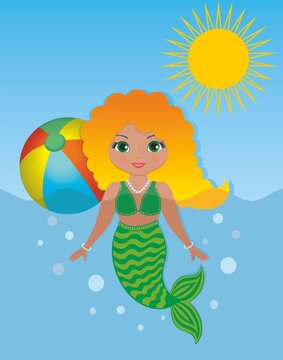 Cute marmaid girl playing in the water a sunny day. Vector illustration.