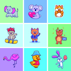 Cute cartoon set of animals illustrations. Isolated animal vector. Flat cartoon style
