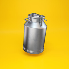 Milk can silver floating on a yellow background, 3d render