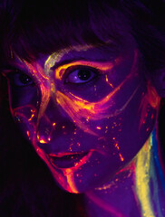 close-up of a woman's face made up with coloured fluorescent paint on her face