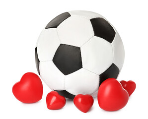 Soccer ball and hearts on white background