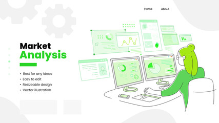 Landing page template of Geeky woman working online at office table with multiple computer displays using the internet. Flat vector illustration of the woman at the workplace.