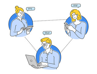 Landing page template of Geeky woman working online at office table with multiple computer displays using the internet. Flat vector illustration of the woman at the workplace.