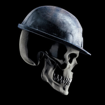 Undead worker - 3D illustration of grungy skull wearing old battered hard hat isolated on black studio background