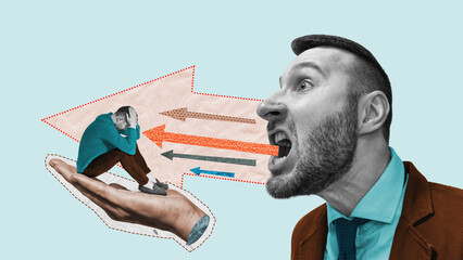 Art collage with a screaming man. Aggressive pressure or intimidation of an opponent.