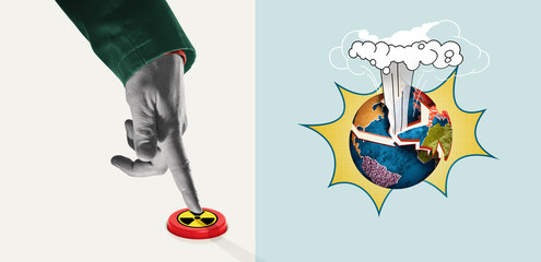 An insane autocrat presses the nuclear button and destroys the Earth. Art collage.