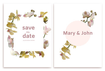 Floral background. Orchids. Tropical flowers. Buds. Pink. Yellow. Wedding invitation.