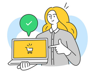 Happy woman holding a laptop computer with one hand and pointing at the screen to buy online. Remote modern shopping using technology from anywhere.