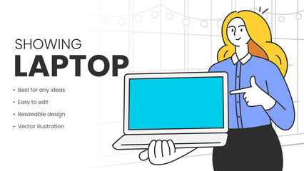 Naklejka premium Young woman holding a laptop, pointing her finger showing the blank screen. Laptop computer technology concept. Vector flat illustration.