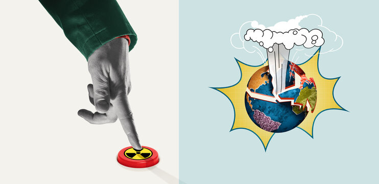 An insane autocrat presses the nuclear button and destroys the Earth. Art collage.