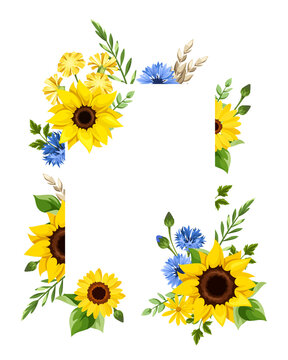 Greeting or invitation card design with blue and yellow sunflowers, cornflowers, dandelion flowers, gerbera flowers, ears of wheat, and green leaves. Vector illustration