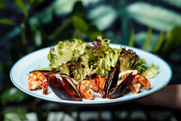 delicious food with seafood and herbs on a plate