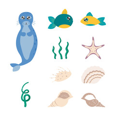 Cartoon marine creatures set of fur seal, fish and shells