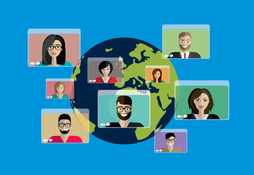 people connecting together, learning and meeting online with teleconference or video conference remote working all over the world, work from home and anywhere, flat vector illustration.