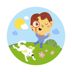 Obraz na płótnie Canvas Little boy play with dog in meadow. Everyday affairs. Health and rest. Cute cartoon character. Vector illustration for children book design.