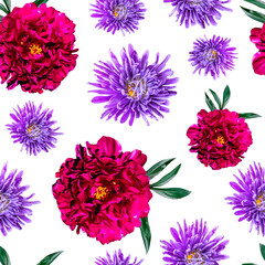 Seamless pattern of aster and peony flowers.
