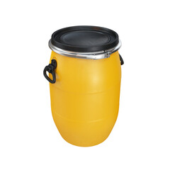 Plastic barrel with closed lid yellow on white background, 3d render