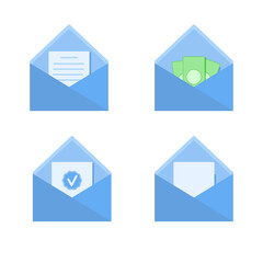 Four open blue envelopes with letters and money and a blank sheet on a white background. Simple vector illustration