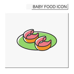 Healthy food color icon. Roasted salmon slices on a plate. Organic meals.Baby food concept. Isolated vector illustration