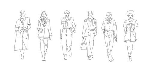 croquis de mode avec des silhouettes de femmes mannequin qui défilent
